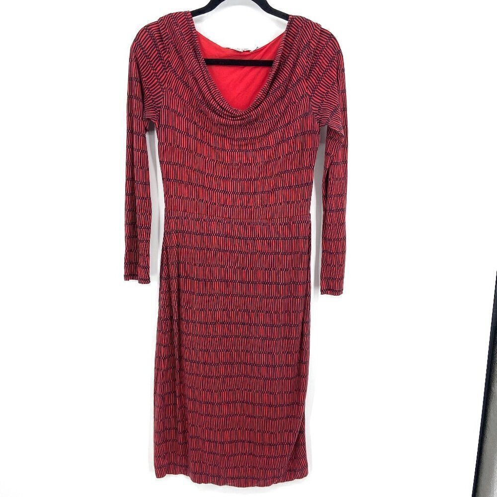 BODEN Red Black Long Sleeve Cowl Neck Wool Blend Dress Size 4 Long